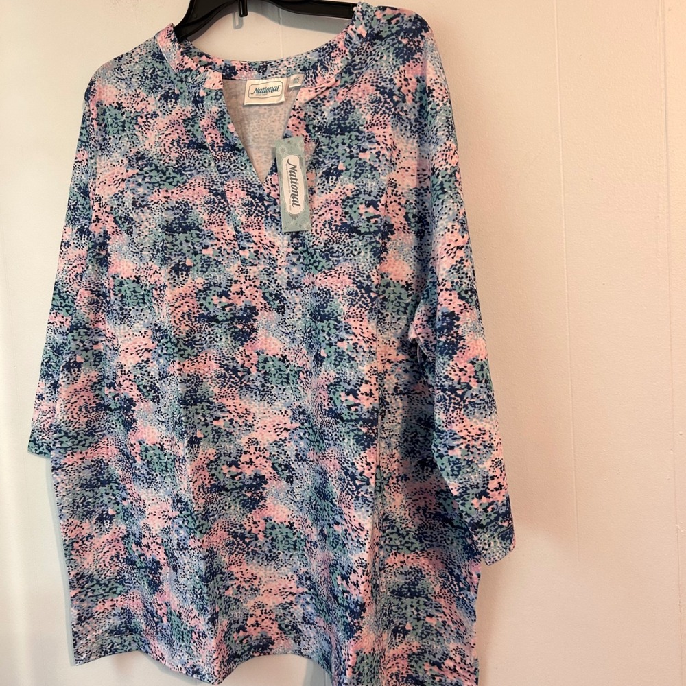National Women 3X Blue Pink Abstract Speckle Print Split Neck 3/4 Sleeve Top NWT